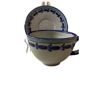 KEN EDWARDS HAND PAINTED MEXICAN STONEWARE/POTTERY CUP & SAUCER  Blue READ